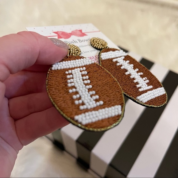Football Seed Beaded Game Day Brown Oval Earrings with White Bead Laces - Picture 9 of 10